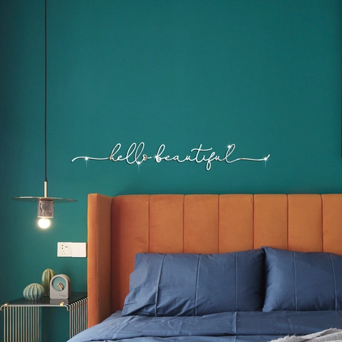 Sticker Mural Miroir en Acrylique Hello Beautiful Décalcomanie avec Citation 3D pour Chambre à Coucher Salon Décoration Murale