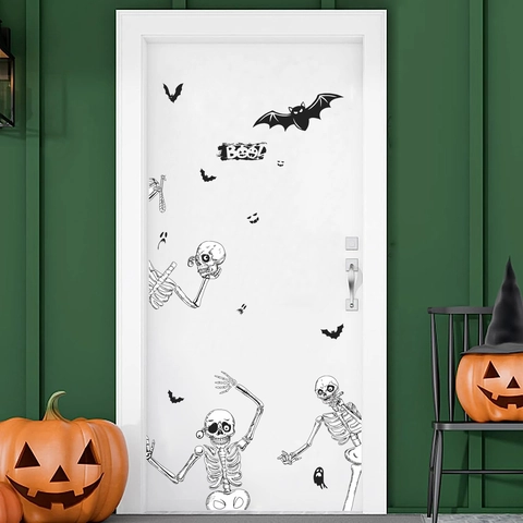 Halloween Skeleton Bat Wall Stickers PVC Ghost Boo Letter Decals For Home Door Window Wall Decoration Holiday Supplies