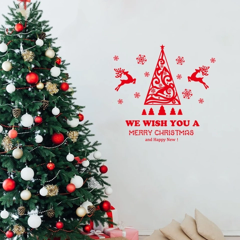 Vinilo de Pared Navideño Rojo Patrón de Reno Árbol de Navidad Copo de Nieve Decoración de Ventana Festiva PVC Removible para Sala
