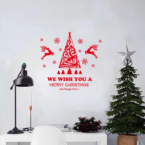 Vinilo de Pared Navideño Rojo Patrón de Reno Árbol de Navidad Copo de Nieve Decoración de Ventana Festiva PVC Removible para Sala