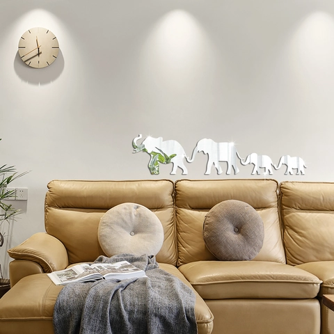 Adesivo da Parete a Specchio 3D in Acrilico Famiglia di Elefanti Moderno Minimalista Impermeabile per Soggiorno e Camera
