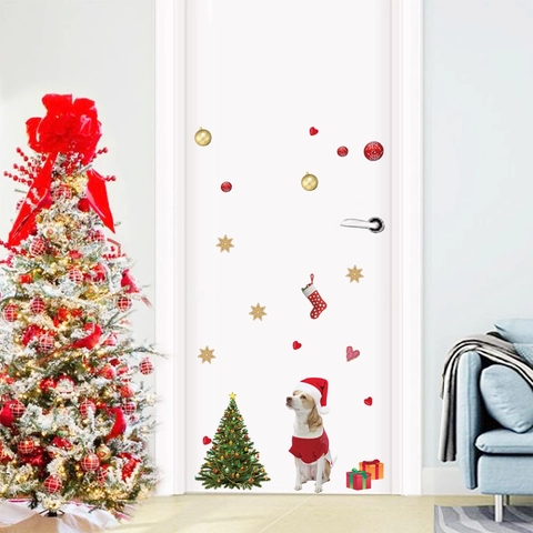 Christmas Wall Stickers PVC Cute Dog Christmas Tree Stars Hearts DIY Window Decals For Festive Home Party Decoration