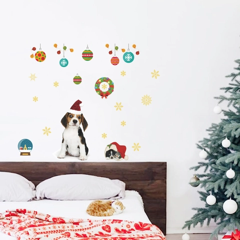 Stickers Muraux de Noël Chien Beagle Mignon Ornement Flocons de Neige PVC Décalcomanies pour Fenêtre Porte Murale