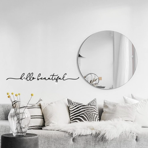 Sticker Mural Miroir en Acrylique Hello Beautiful Décalcomanie avec Citation 3D pour Chambre à Coucher Salon Décoration Murale
