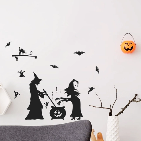 Pegatinas de Pared de Bruja de Halloween PVC Silueta Murciélago Fantasma Calcomanías de Ventana Extraíbles DIY Decoración Hogar