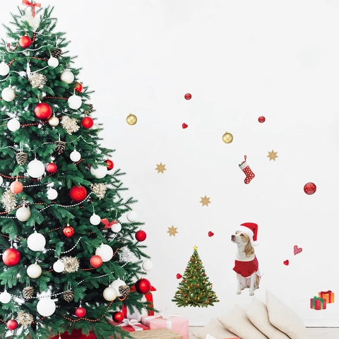 Christmas Wall Stickers PVC Cute Dog Christmas Tree Stars Hearts DIY Window Decals For Festive Home Party Decoration
