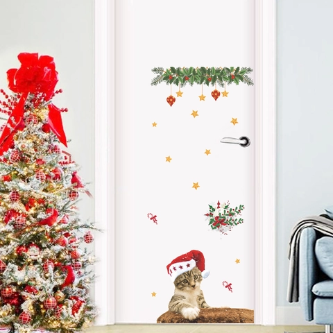 Kerstmis Muurstickers Cartoon Kat Met Kerstmuts Decor PVC Stickers Voor Deur Raam Glas Thuis Vakantie Feest Decoratie