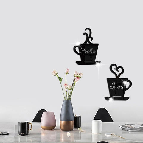 Acrylic Coffee Cup Mirror Wall Stickers For Kitchen Dining Room Home Decor Mocha Java Design 3D DIY Art Mirror Wall Decals