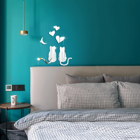 3D Spiegel Acryl Wandtattoos Niedliche Paar Katzen Mond Herzen DIY Spiegel Aufkleber Für Wohnzimmer Schlafzimmer Home Dekor