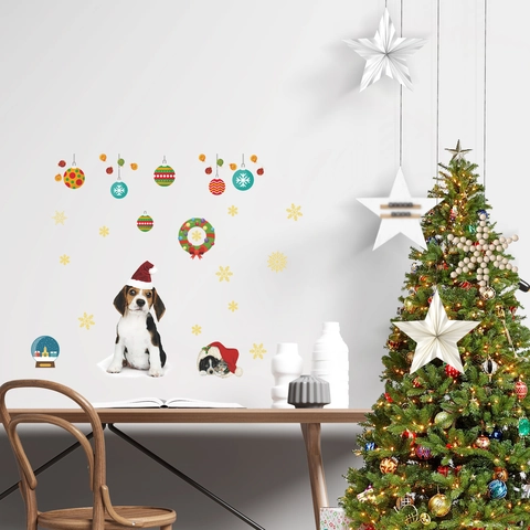 Stickers Muraux de Noël Chien Beagle Mignon Ornement Flocons de Neige PVC Décalcomanies pour Fenêtre Porte Murale