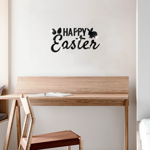 Joyeuses Pâques Sticker Mural Miroir en Acrylique 3D Stéréoscopique Motif Lapin Œuf Auto-adhésif Décoration de Maison