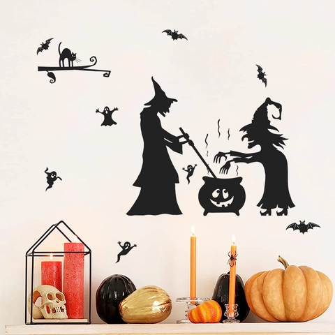 Pegatinas de Pared de Bruja de Halloween PVC Silueta Murciélago Fantasma Calcomanías de Ventana Extraíbles DIY Decoración Hogar