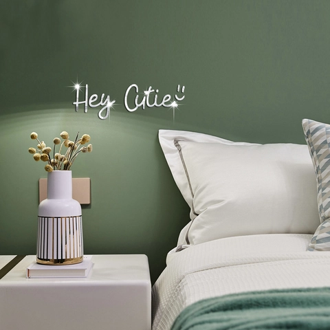 Hey Cutie Adesivo da Parete in Acrilico Specchiato 3D Scritta Smiley Impermeabile Decalcomania Specchio per Soggiorno Camera da Letto
