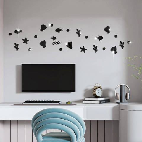 Acryl Ozean Thema Spiegel Wandaufkleber 3D DIY Abnehmbare Fisch Seestern Seegras Wasserdichte Wandbilder Für Haus Dekor