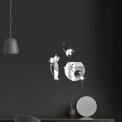 Adesivo da Parete a Specchio in Acrilico Gatto Acquario 3D Fai da Te Decorativo per Soggiorno Camera da Letto Parete di Casa