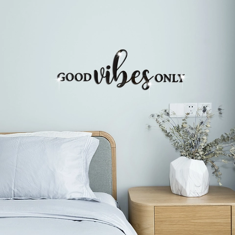 Moderno Adesivo da Parete in Acrilico Specchiato 3D Good Vibes Only Decalcomanie da Parete Impermeabile Removibile Decorazione Casa