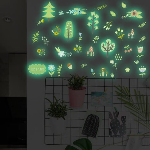 Pegatinas de Pared de Árbol de Bosque Luminosas Glow In The Dark Seta Flor Mariposa DIY Calcomanías de Pared para Habitación de Niños