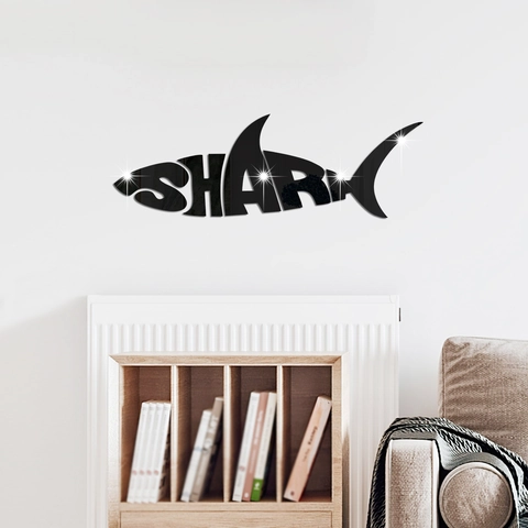 Stickers Muraux Miroir Requin en Acrylique Auto Adhésif 3D Décalcomanies DIY Effet Miroir Pour Salon Chambre Décoration