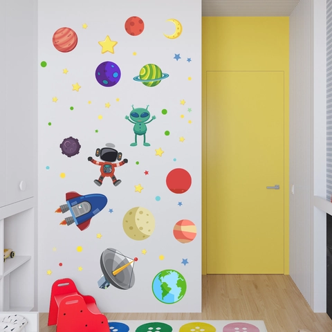 Dessin Animé Espace Astronaute Extraterrestre Stickers Muraux Lumineux PVC Glow In The Dark Planète Fusée Étoile Pour Enfants