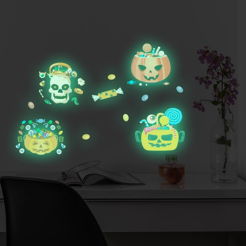 Luminous Halloween Wall Stickers Glow In The Dark PVC Pumpkin Skull Candy Decals For Bedroom Kids Room Home Party Decoration