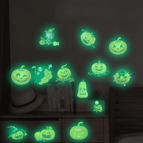 Halloween Αυτοκόλλητα Τοίχου Που Λάμπουν Στο Σκοτάδι Φθορίζοντα Κολοκύθα Μάγισσα Χάρος Διακοσμητικά Για Παιδικό Δωμάτιο Σπίτι