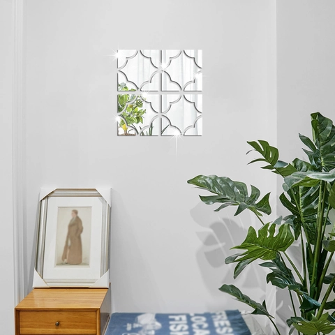 Moderno Adesivo da Parete Specchio in Acrilico Quadrifoglio Traforato Adesivo Specchio Geometrico per Soggiorno Ingresso Casa