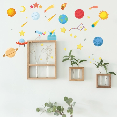 Stickers Muraux Espace Luminescents Dessin Animé Planète Étoile UFO Lune Soleil Fluorescents PET Décor pour Chambre d'Enfants