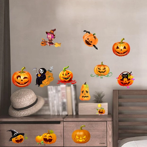 Stickers Muraux Halloween Phosphorescents Autocollants Fluorescents Citrouille Sorcière Faucheuse Pour Chambre D'enfants Décoration Maison