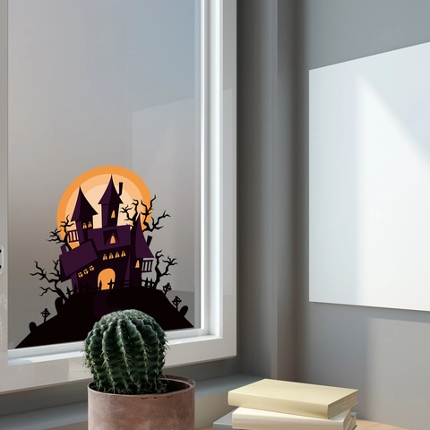 Adesivo da Parete Castello Luna Halloween Silhouette Gotica Adesivo in PVC Casa Stregata Albero per Festa Casa Decorazione