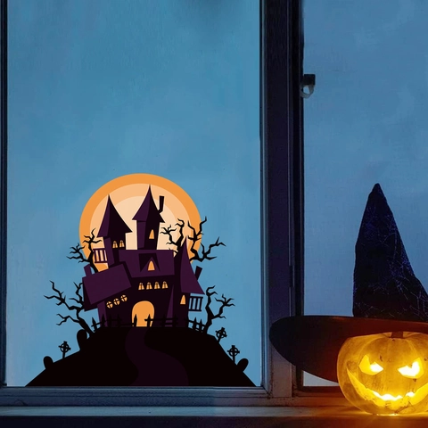 Adesivo da Parete Castello Luna Halloween Silhouette Gotica Adesivo in PVC Casa Stregata Albero per Festa Casa Decorazione