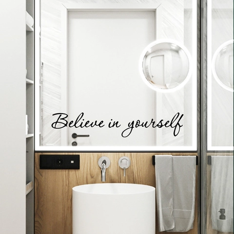 Adesivo da Parete Citazione Inglese Believe In Yourself PVC Impermeabile Specchio Decalcomania per Bagno Camera Letto Casa Nero