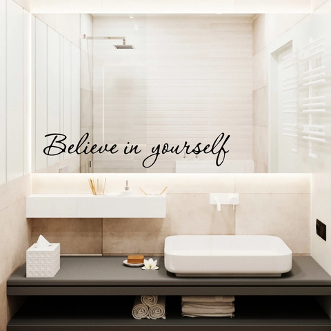 Adesivo da Parete Citazione Inglese Believe In Yourself PVC Impermeabile Specchio Decalcomania per Bagno Camera Letto Casa Nero