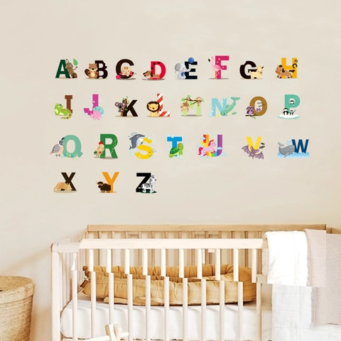 Cartoon Animal Alphabet Wall Stickers PVC Waterproof ABC Decals For Nursery Kids Bedroom Kindergarten Classroom Decoration