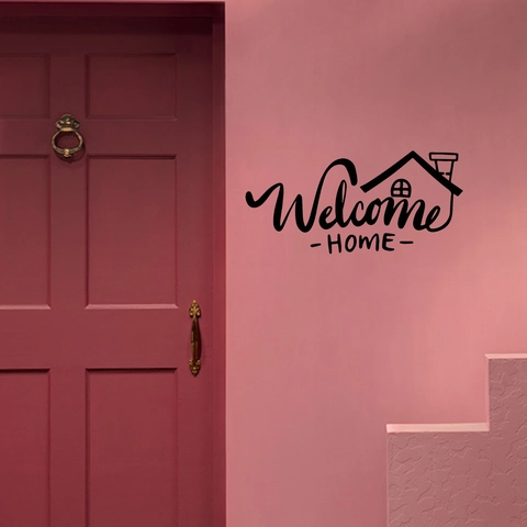 Modernes Welcome Home Wandtattoo Schwarz Minimalistisches PVC Türaufkleber Mit Haus Silhouetten Icon Für Wohnzimmer Flur Deko