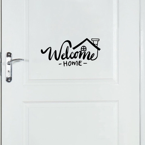 Modernes Welcome Home Wandtattoo Schwarz Minimalistisches PVC Türaufkleber Mit Haus Silhouetten Icon Für Wohnzimmer Flur Deko