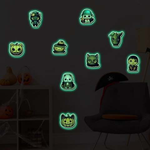 Halloween Lichtgevende Muurstickers Glow In The Dark Cartoon Pompoen Kat Uil Decals Voor Kinderkamer Slaapkamer Feest Decor