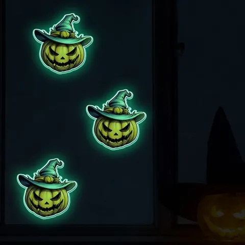 Adesivo da Parete Zucca di Halloween con Cappello da Strega Fluorescente al Buio Decalcomania per Finestra per Festa Casa