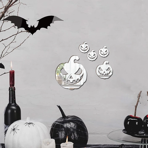 Stickers Muraux Miroir Acrylique Citrouille 3D Halloween Ensemble Composite Bois Effet Miroir Pour Salon Chambre Décor