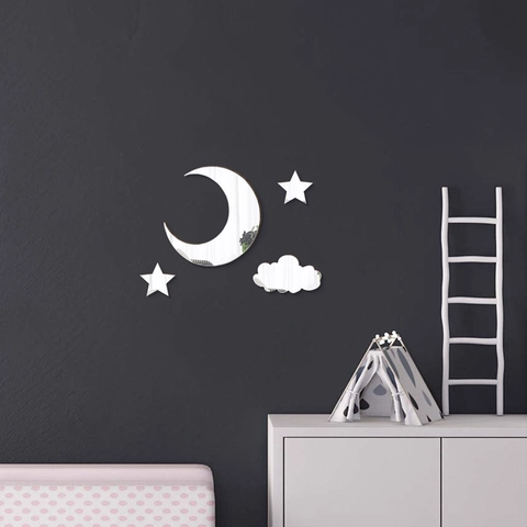 Acrylic Mirror Wall Stickers Dimensional Moon Clouds Stars Reflective Nursery Home Decor Modern Aesthetic Wall Decal