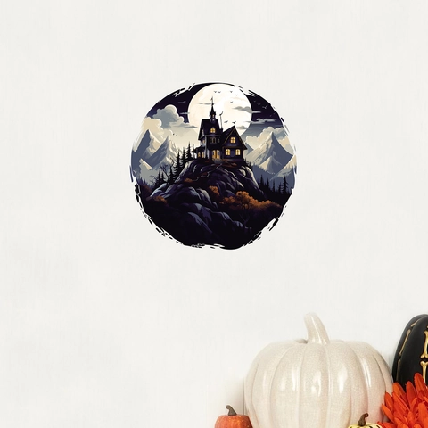 Γοτθικό Αυτοκόλλητο Τοίχου Halloween Στρογγυλό Στοιχειωμένο Σπίτι Κάστρο Πανσέληνος Αδιάβροχο PVC Διακόσμηση για Σαλόνι Κρεβατοκάμαρα