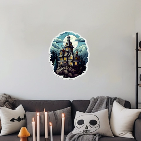 Adesivo da Parete Castello Gotico di Halloween in PVC Impermeabile Casa Infestata Decalcomania per Soggiorno Festa Casa
