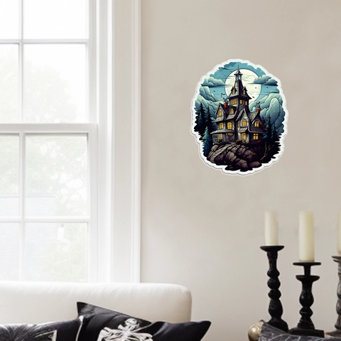 Adesivo da Parete Castello Gotico di Halloween in PVC Impermeabile Casa Infestata Decalcomania per Soggiorno Festa Casa