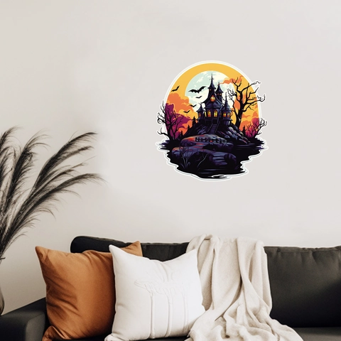 Halloween Geisterschloss Burg Wandaufkleber PVC Wasserdicht Fledermaus Mond Aufkleber Für Wohnzimmer Schlafzimmer Party Deko