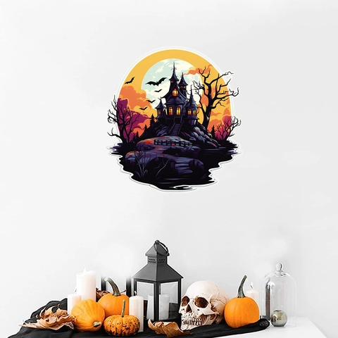 Halloween Geisterschloss Burg Wandaufkleber PVC Wasserdicht Fledermaus Mond Aufkleber Für Wohnzimmer Schlafzimmer Party Deko