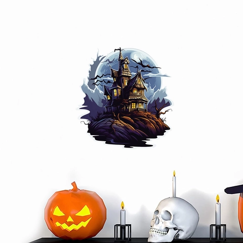 Halloween Geisterhaus Wandtattoo PVC Wasserdicht Gruselige Burg Mond Fledermäuse Aufkleber Für Fenster Wand Party Deko