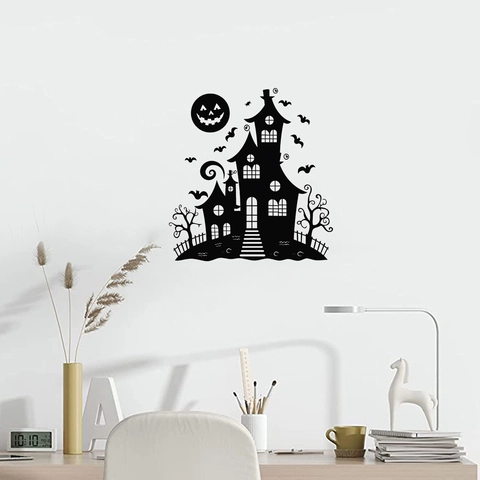 Adesivi per Finestre di Halloween Castello Nero Pipistrello Zucca Luna PVC Decalcomanie da Muro Sagoma Gotica Decorazione