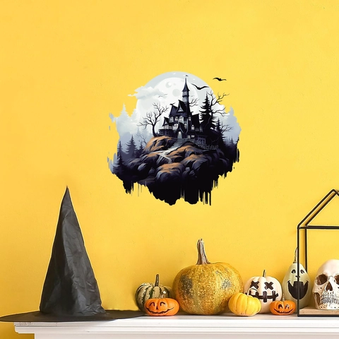 Sticker Mural Halloween Château Gothique Grande Lune Chauves-souris Arbre Mort Imperméable PVC Murale Pour Chambre Salon Fête Décoration