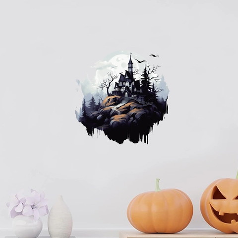 Sticker Mural Halloween Château Gothique Grande Lune Chauves-souris Arbre Mort Imperméable PVC Murale Pour Chambre Salon Fête Décoration