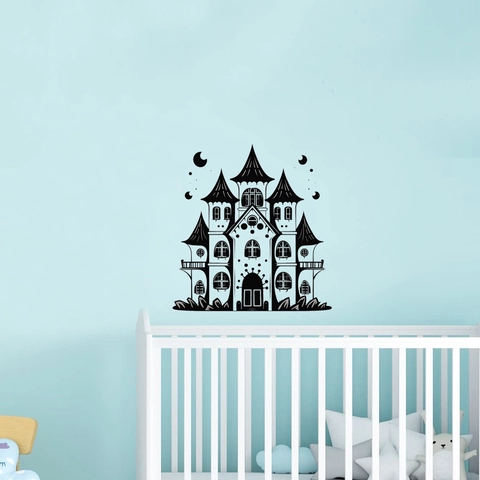 Adesivo da Parete Silhouette Castello Gotico di Halloween PVC Impermeabile Autoadesivo per Soggiorno Camera da Letto Decorazione
