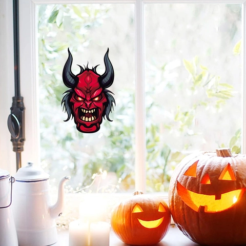 Halloween Red Devil Face PVC Wall Sticker Scary Demon Head Window Decal For Horror Party Home Decoration Waterproof Sticker